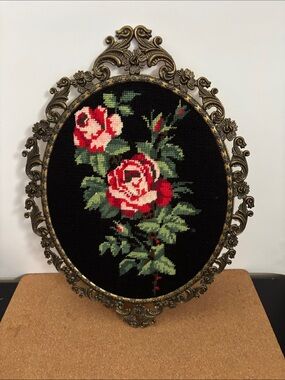 Vintage Black Floral Cross-Stitch Wall Art with Red Roses 15.5”